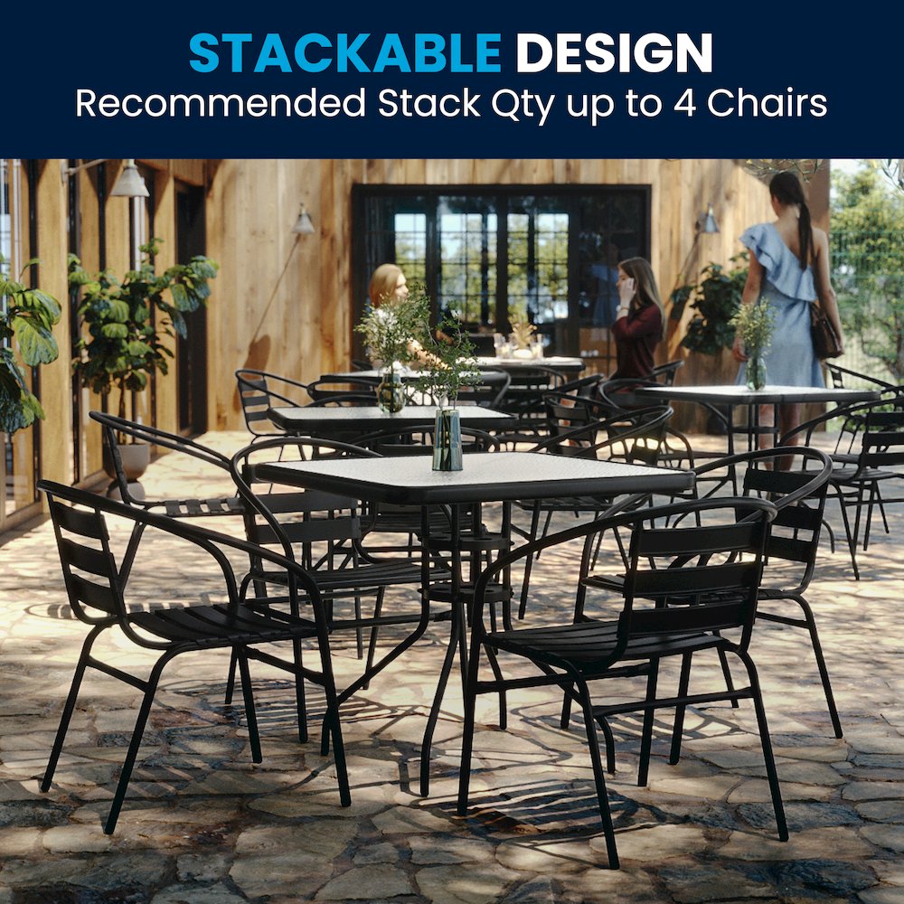 31.5'' Square Glass Metal Table with 4 Black Metal Aluminum Slat Stack Chairs