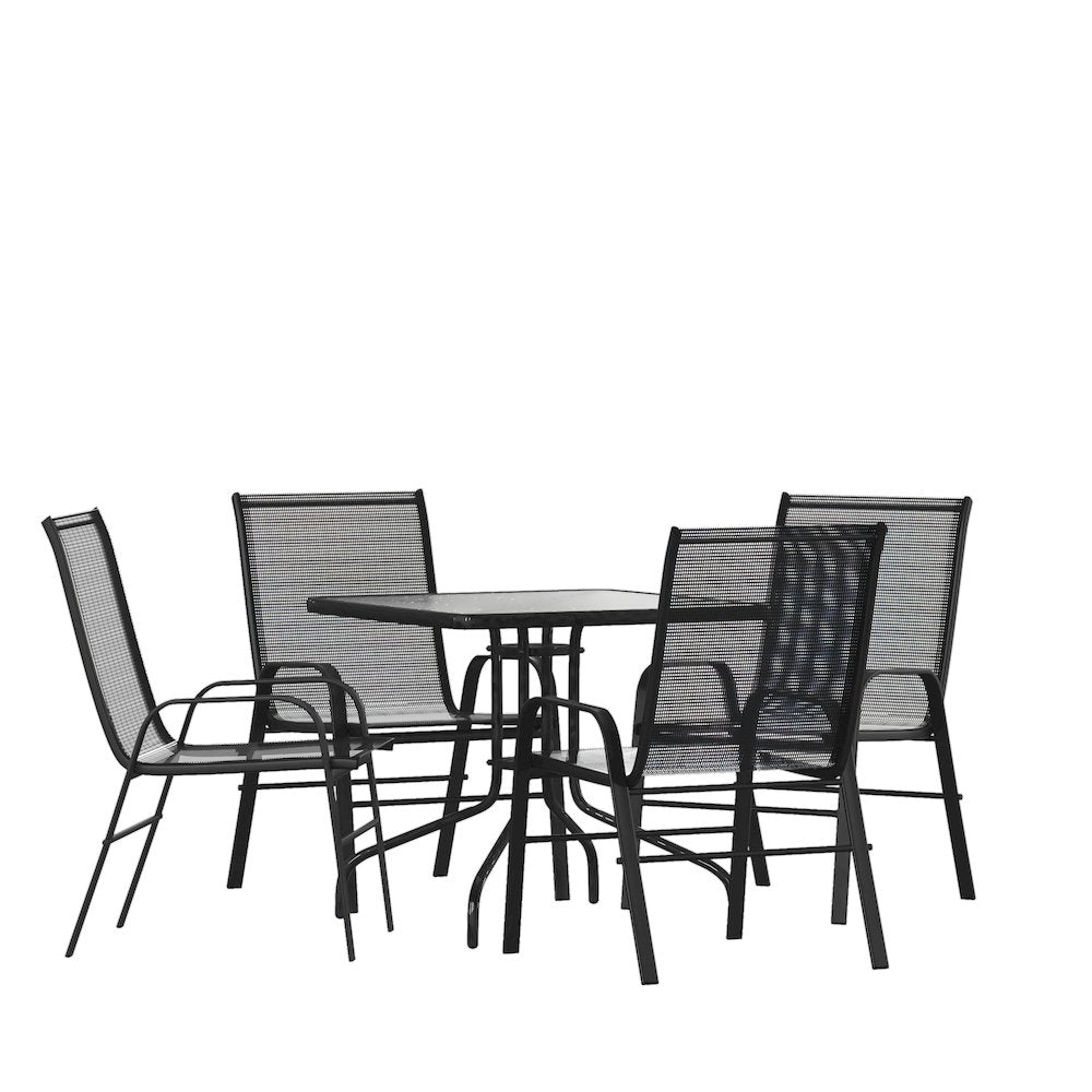 5 Piece Set - 31.5" Tempered Glass Patio Table, 4 Black Stack Chairs
