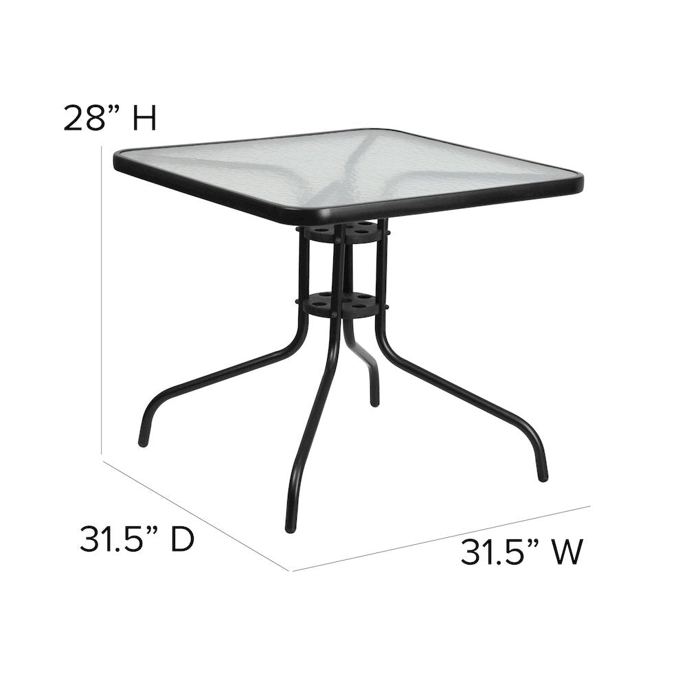 5 Piece Set - 31.5" Tempered Glass Patio Table, 4 Black Stack Chairs