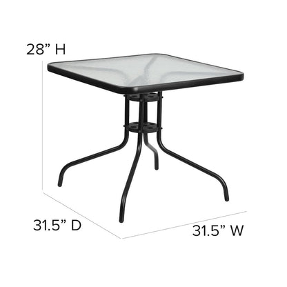 5 Piece Set - 31.5" Tempered Glass Patio Table, 4 Black Stack Chairs