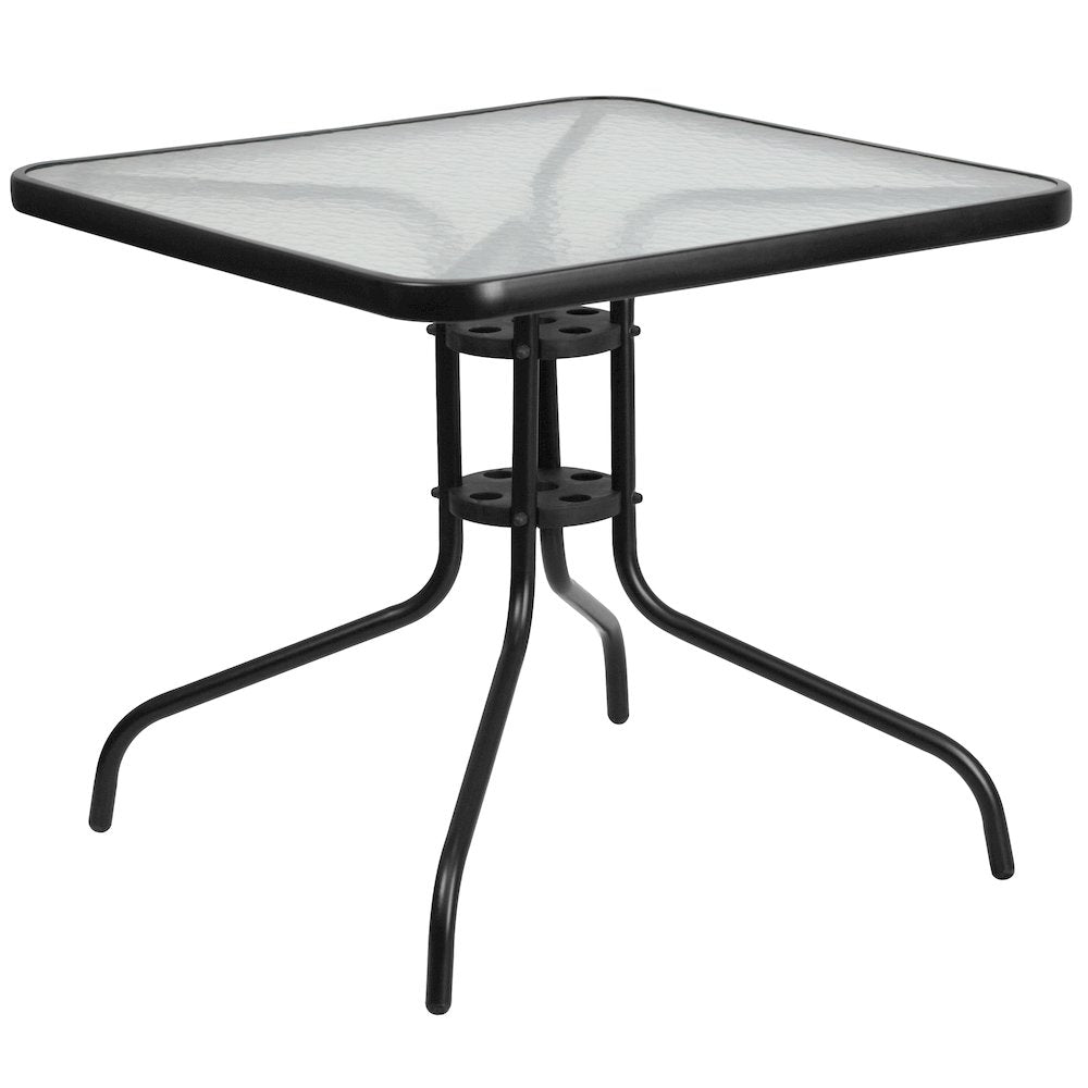 5 Piece Set - 31.5" Tempered Glass Patio Table, 4 Black Stack Chairs