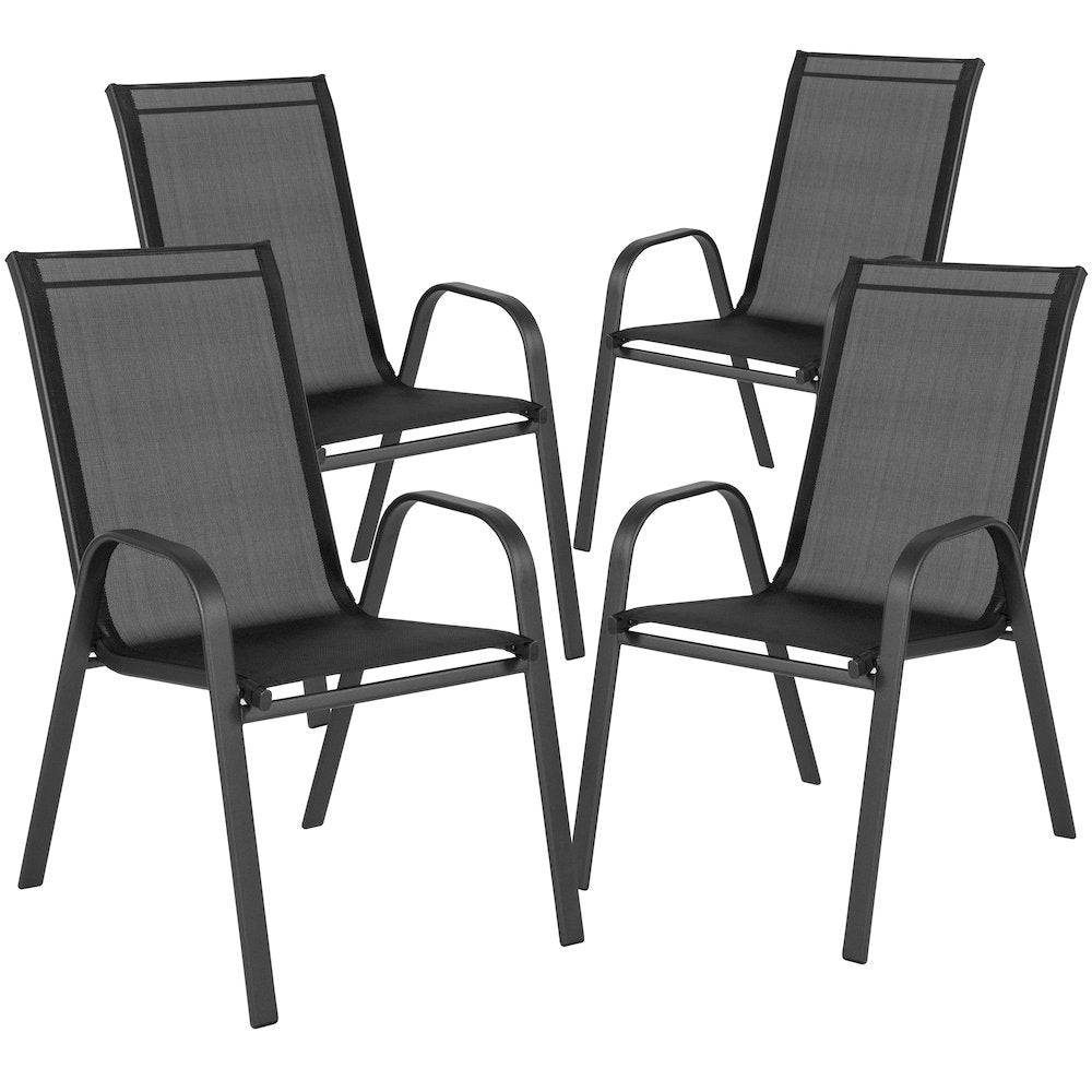 5 Piece Set - 31.5" Tempered Glass Patio Table, 4 Black Stack Chairs
