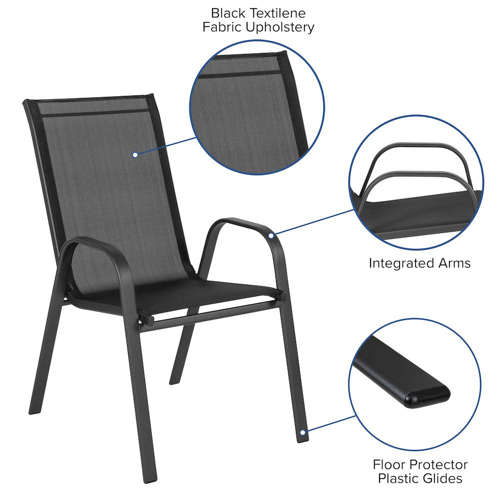 5 Piece Set - 31.5" Tempered Glass Patio Table, 4 Black Stack Chairs