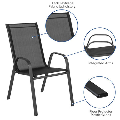 5 Piece Set - 31.5" Tempered Glass Patio Table, 4 Black Stack Chairs