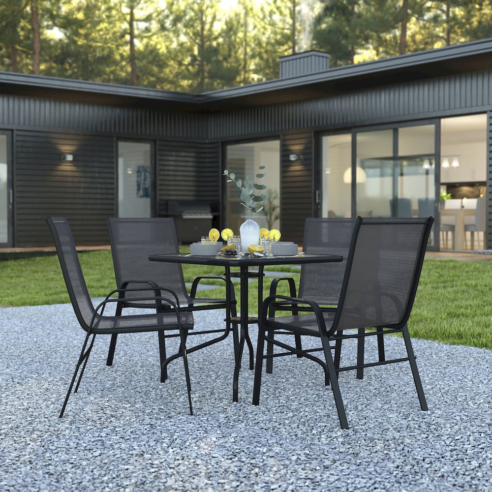 5 Piece Set - 31.5" Tempered Glass Patio Table, 4 Black Stack Chairs
