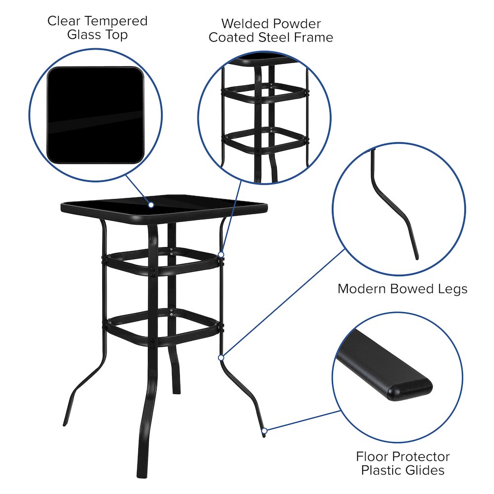 Dining Set - 2-Person Bistro Set - Brazos Glass Bar Table with Gray Patio Stools