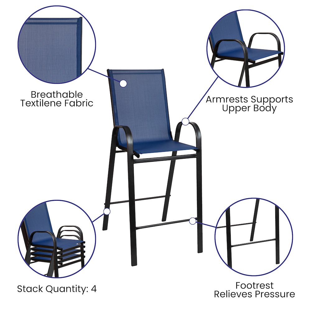 Dining Set - 2-Person Bistro Set - Brazos Glass Bar Table with Navy Patio Stools