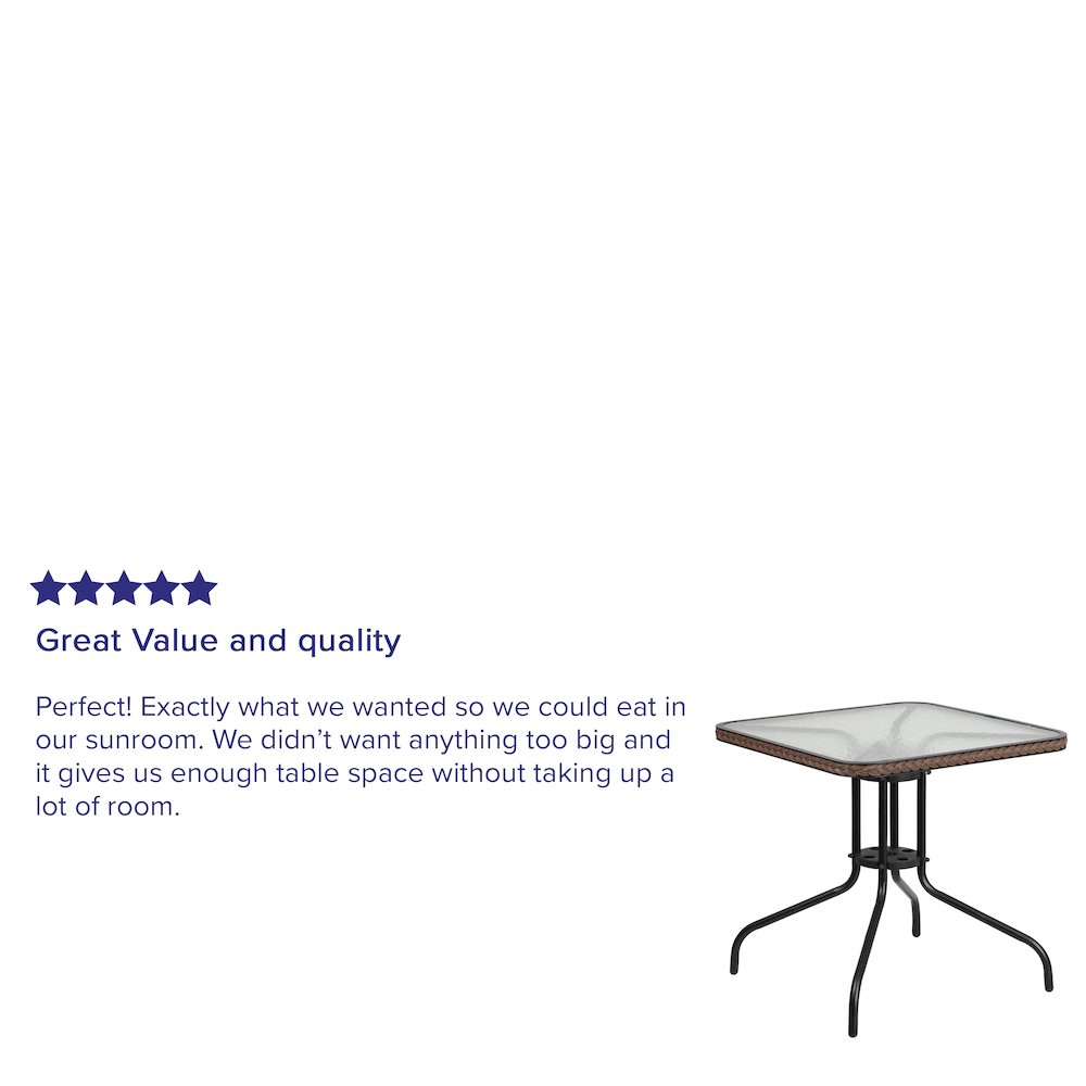 28'' Square Tempered Glass Metal Table with Dark Brown Rattan Edging