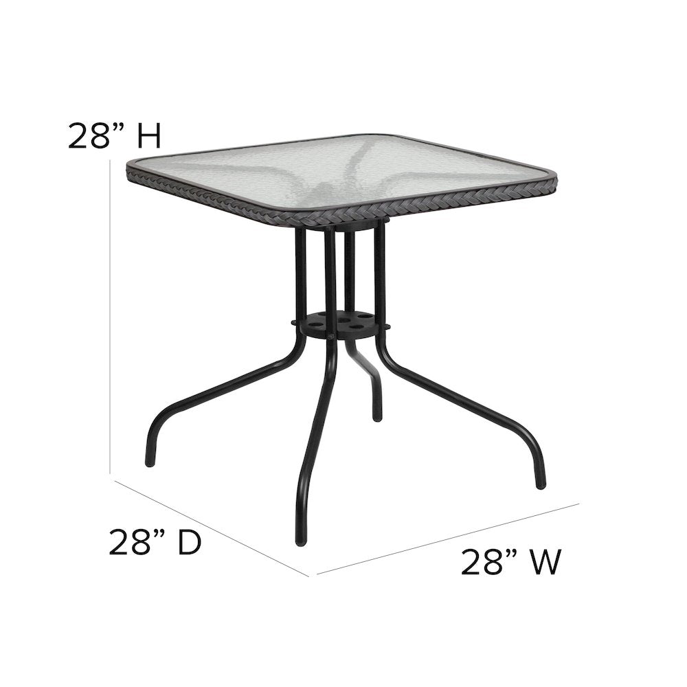 28'' Square Tempered Glass Metal Table with Gray Rattan Edging