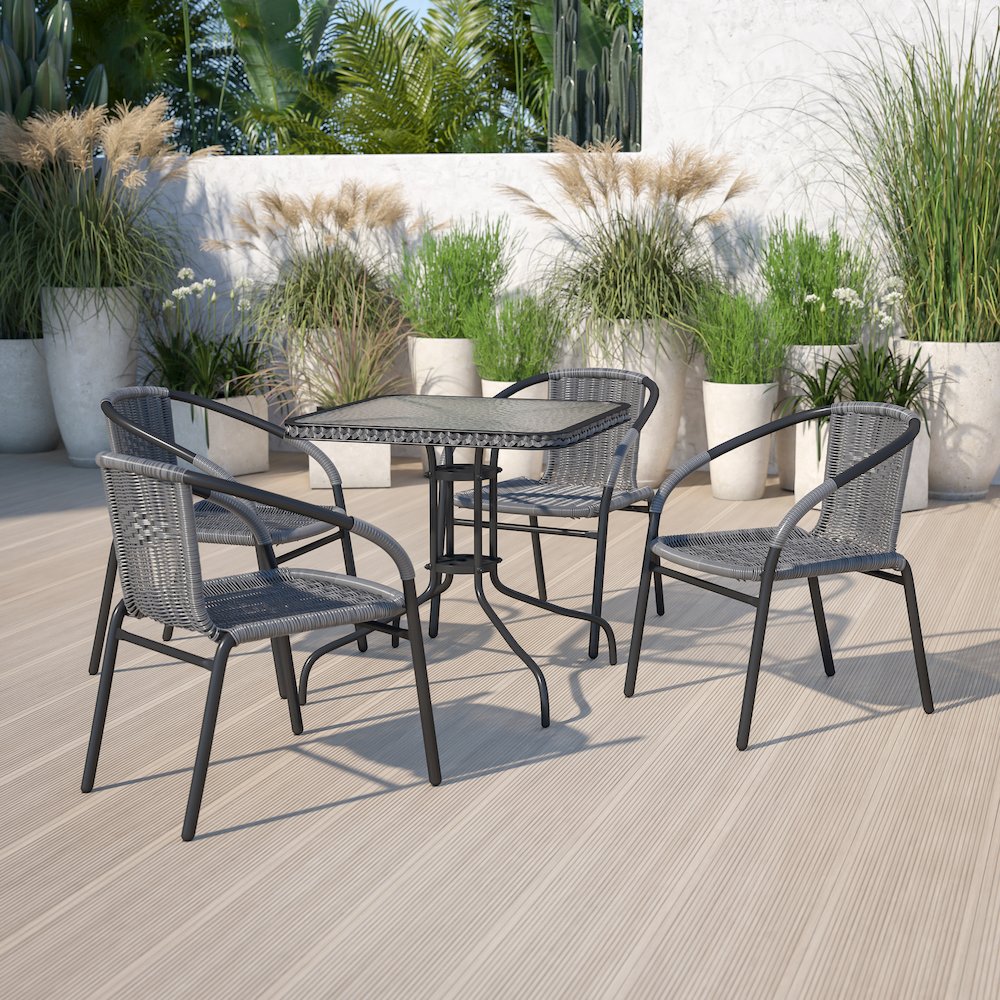 28'' Square Tempered Glass Metal Table with Gray Rattan Edging