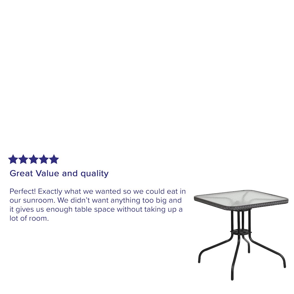 28'' Square Tempered Glass Metal Table with Gray Rattan Edging