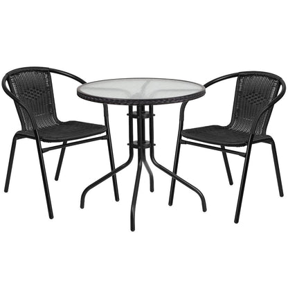 28'' Glass Metal Table with Black Rattan Edging and 2 Black Rattan Stack Chairs