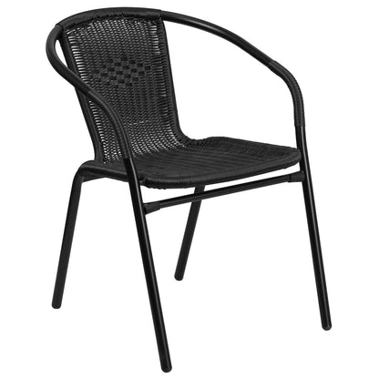 28'' Glass Metal Table with Black Rattan Edging and 2 Black Rattan Stack Chairs