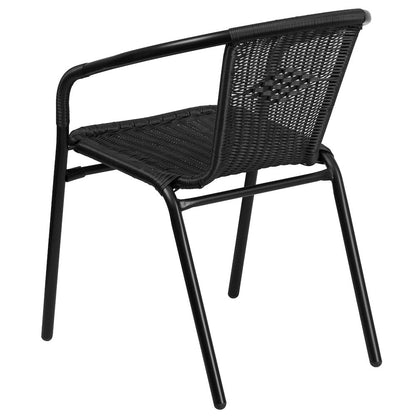 28'' Glass Metal Table with Black Rattan Edging and 2 Black Rattan Stack Chairs