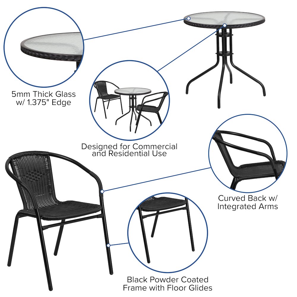 28'' Glass Metal Table with Black Rattan Edging and 2 Black Rattan Stack Chairs