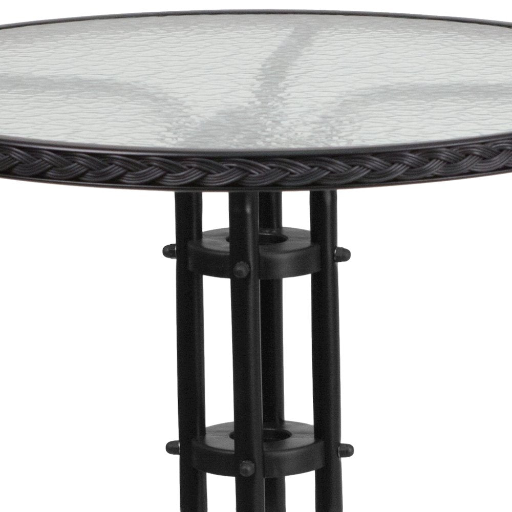 28'' Glass Metal Table with Black Rattan Edging and 2 Black Rattan Stack Chairs
