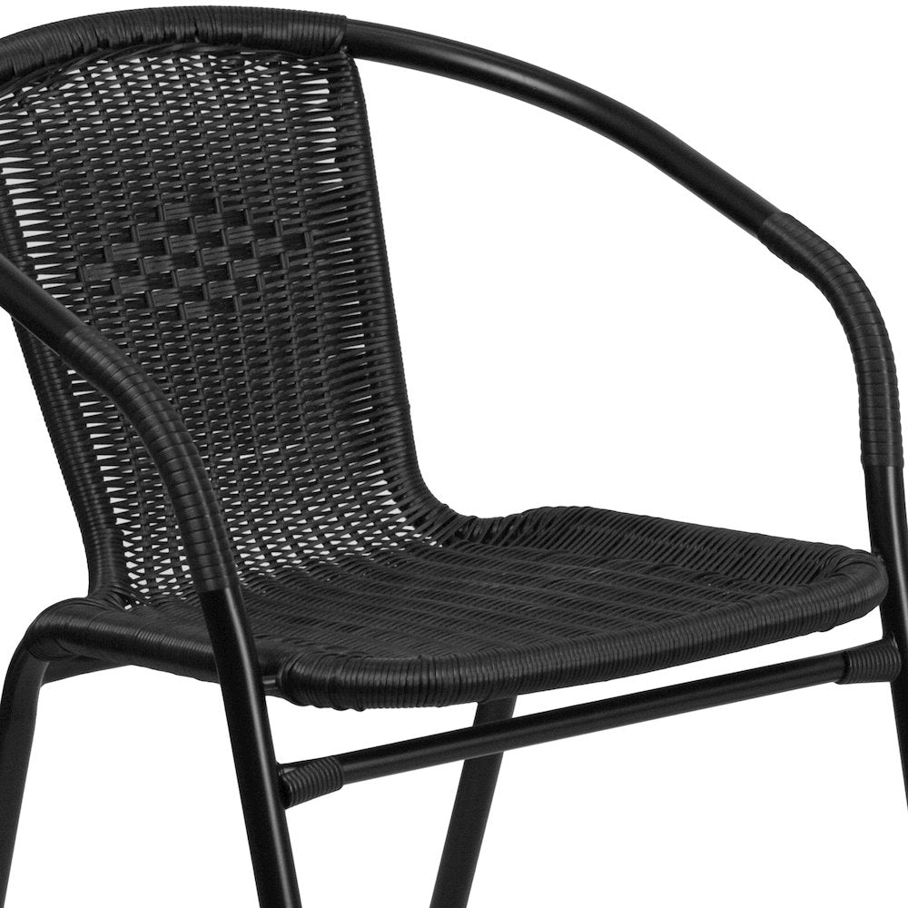 28'' Glass Metal Table with Black Rattan Edging and 2 Black Rattan Stack Chairs