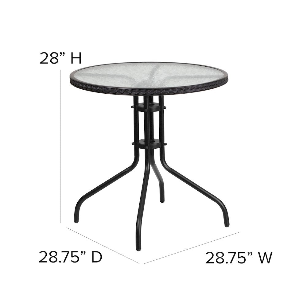 28'' Glass Metal Table with Black Rattan Edging and 4 Black Rattan Stack Chairs