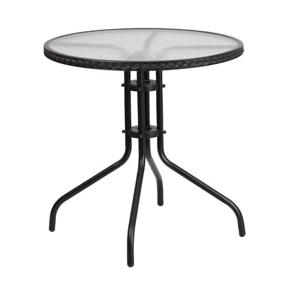 28'' Glass Metal Table with Black Rattan Edging and 4 Black Rattan Stack Chairs