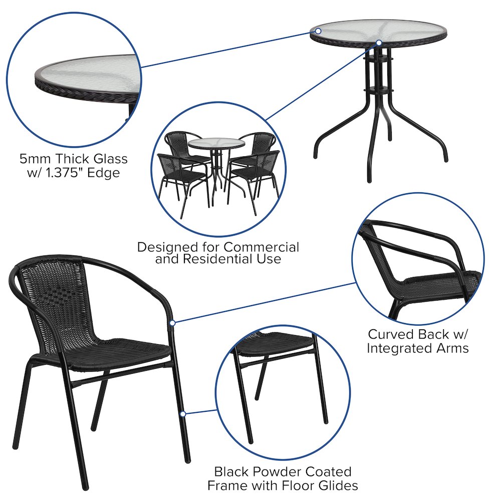 28'' Glass Metal Table with Black Rattan Edging and 4 Black Rattan Stack Chairs