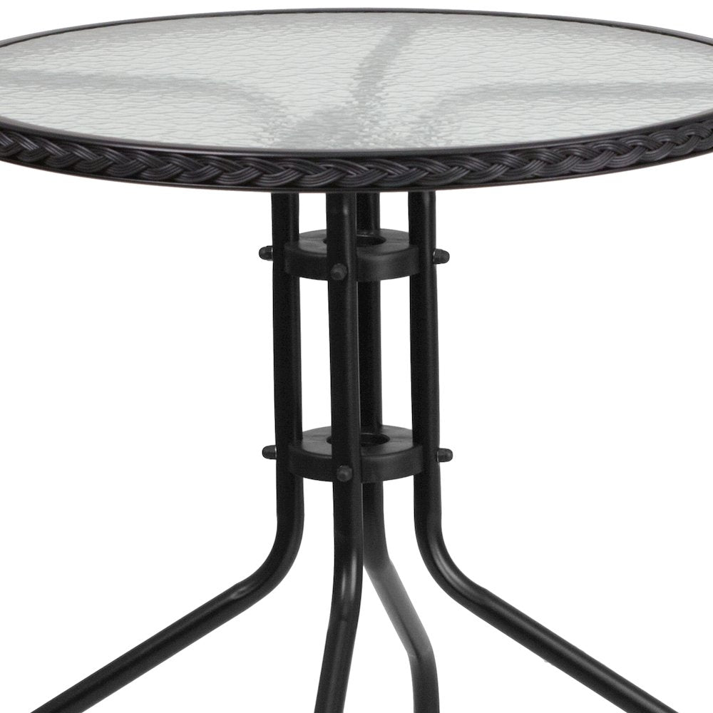 28'' Glass Metal Table with Black Rattan Edging and 4 Black Rattan Stack Chairs