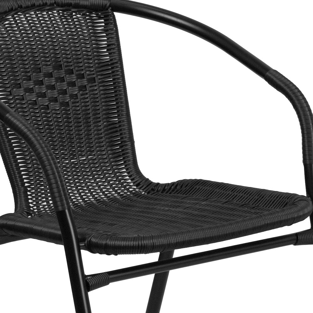 28'' Glass Metal Table with Black Rattan Edging and 4 Black Rattan Stack Chairs