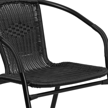 28'' Glass Metal Table with Black Rattan Edging and 4 Black Rattan Stack Chairs