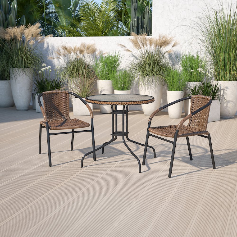 28'' Round Glass Metal Table with Dark Brown Rattan Edging and 2 Dark Brown Rattan Stack Chairs