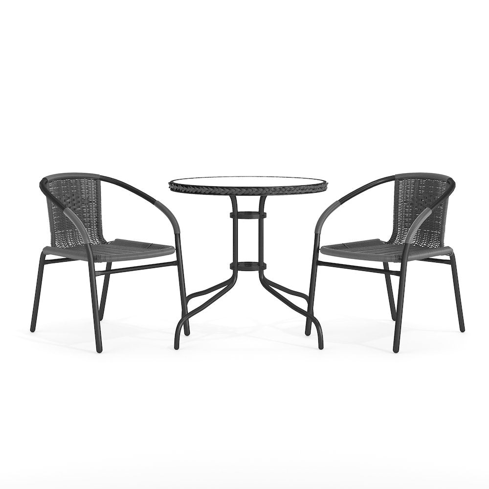 28'' Round Glass Metal Table with Gray Rattan Edging and 2 Gray Rattan Stack Chairs