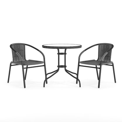 28'' Round Glass Metal Table with Gray Rattan Edging and 2 Gray Rattan Stack Chairs