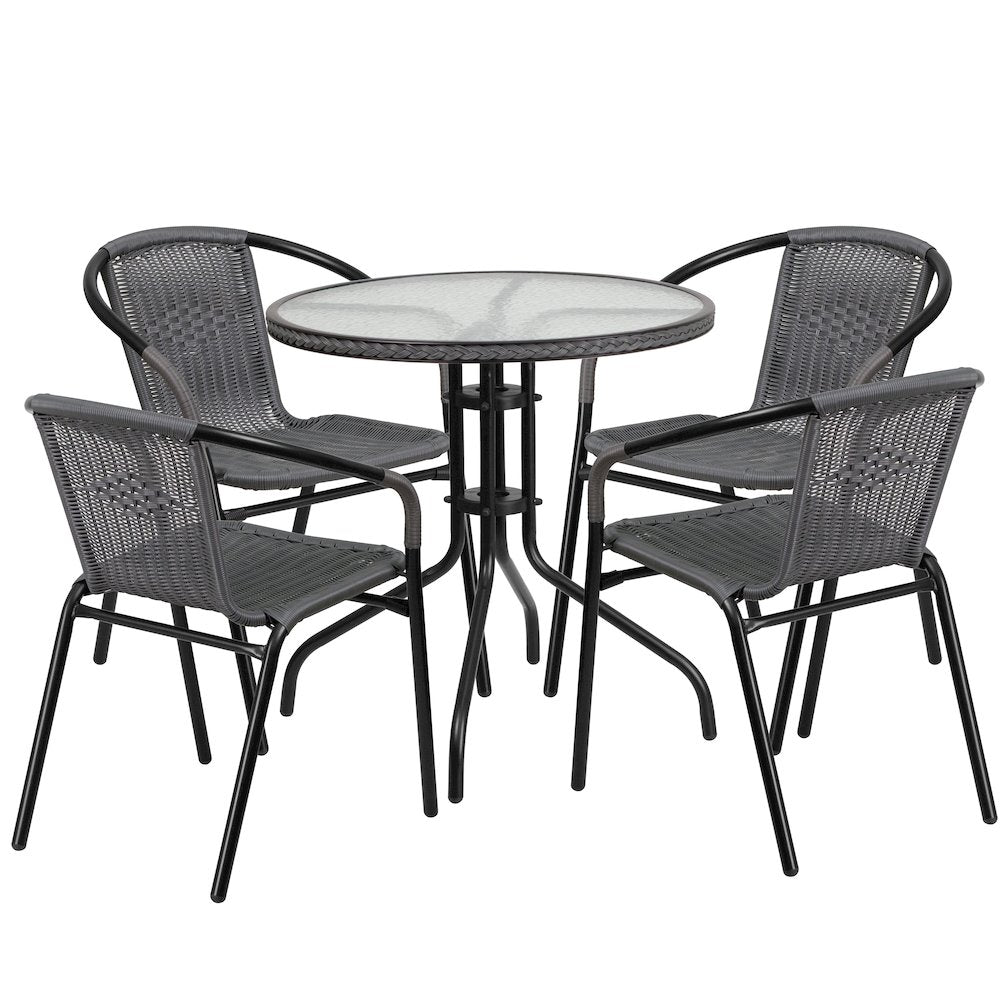 28'' Glass Metal Table with Gray Rattan Edging and 4 Gray Rattan Stack Chairs