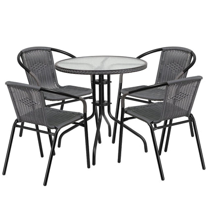 28'' Glass Metal Table with Gray Rattan Edging and 4 Gray Rattan Stack Chairs