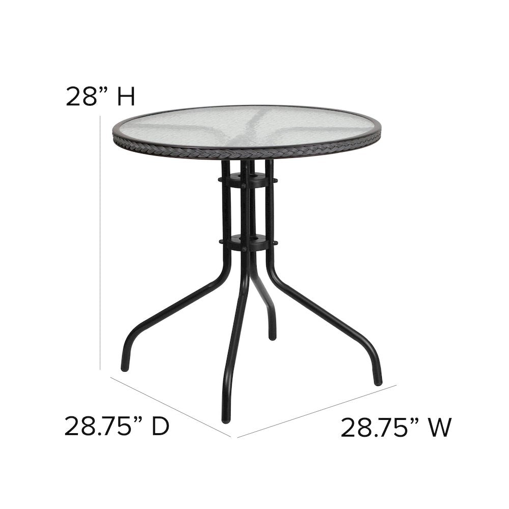 28'' Glass Metal Table with Gray Rattan Edging and 4 Gray Rattan Stack Chairs