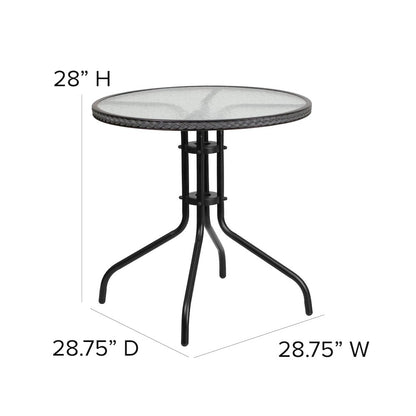 28'' Glass Metal Table with Gray Rattan Edging and 4 Gray Rattan Stack Chairs