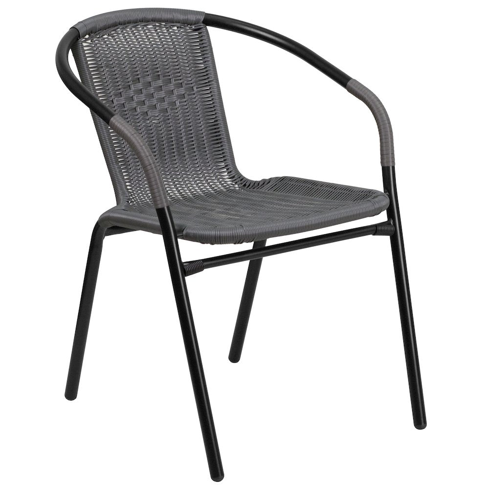 28'' Glass Metal Table with Gray Rattan Edging and 4 Gray Rattan Stack Chairs