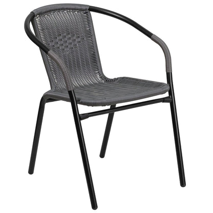 28'' Glass Metal Table with Gray Rattan Edging and 4 Gray Rattan Stack Chairs