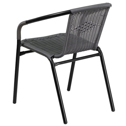 28'' Glass Metal Table with Gray Rattan Edging and 4 Gray Rattan Stack Chairs