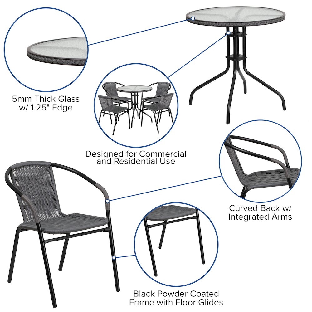 28'' Glass Metal Table with Gray Rattan Edging and 4 Gray Rattan Stack Chairs