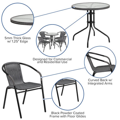 28'' Glass Metal Table with Gray Rattan Edging and 4 Gray Rattan Stack Chairs