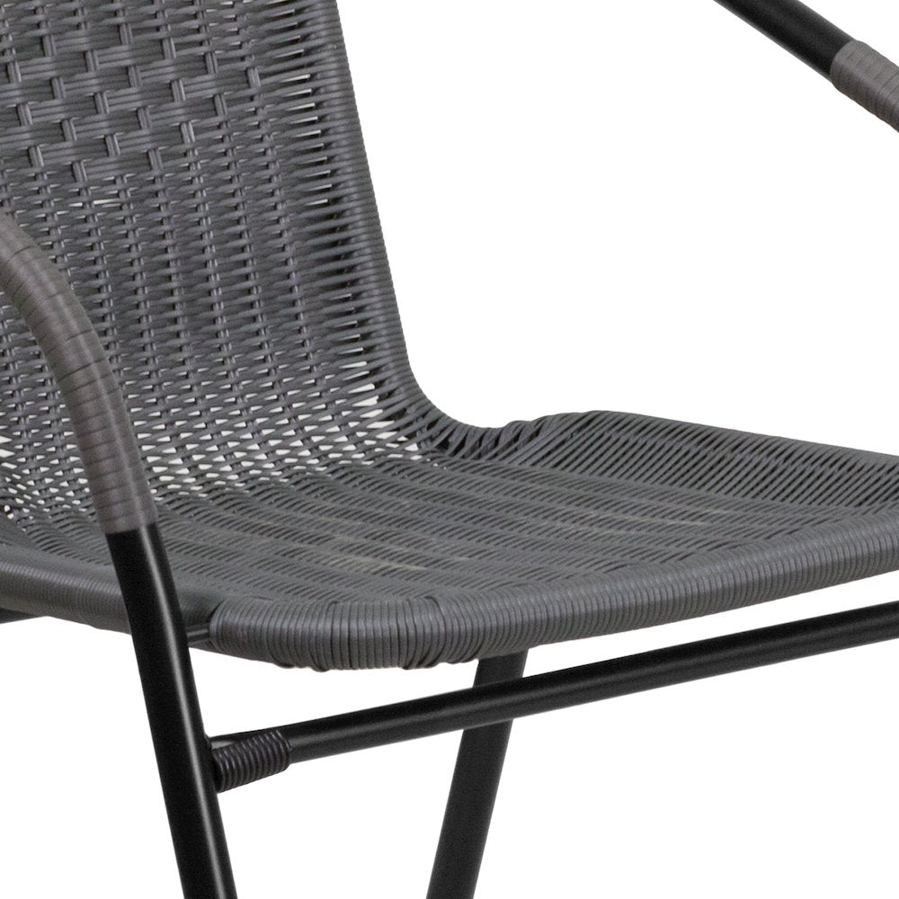 28'' Glass Metal Table with Gray Rattan Edging and 4 Gray Rattan Stack Chairs