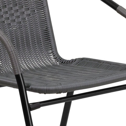 28'' Glass Metal Table with Gray Rattan Edging and 4 Gray Rattan Stack Chairs