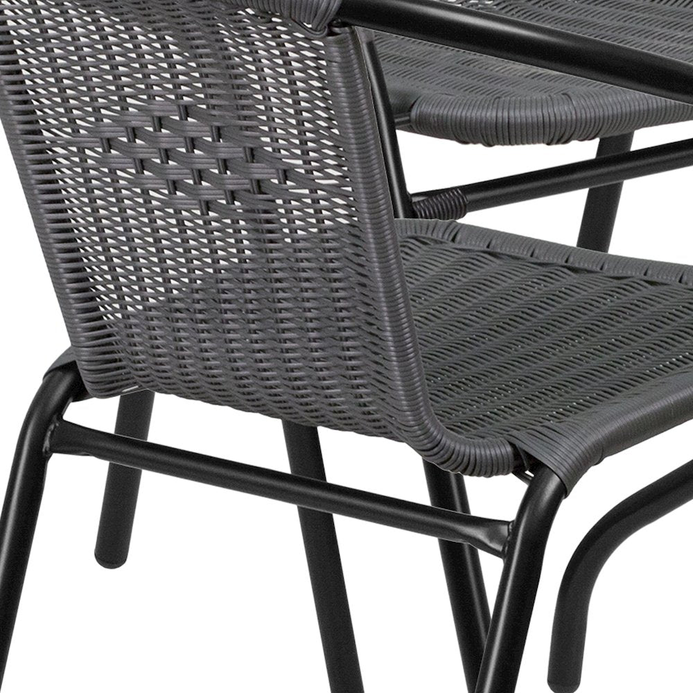 28'' Glass Metal Table with Gray Rattan Edging and 4 Gray Rattan Stack Chairs