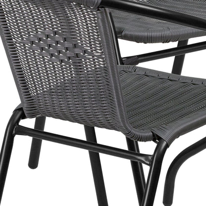 28'' Glass Metal Table with Gray Rattan Edging and 4 Gray Rattan Stack Chairs