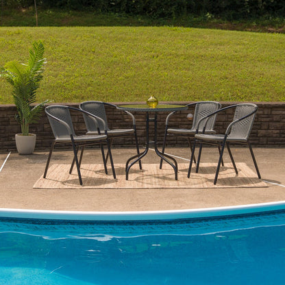 28'' Glass Metal Table with Gray Rattan Edging and 4 Gray Rattan Stack Chairs
