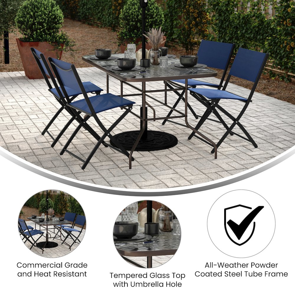31.5" x 55" Bronze Rectangular Tempered Glass Metal Table with Umbrella Hole