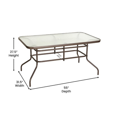 31.5" x 55" Bronze Rectangular Tempered Glass Metal Table with Umbrella Hole