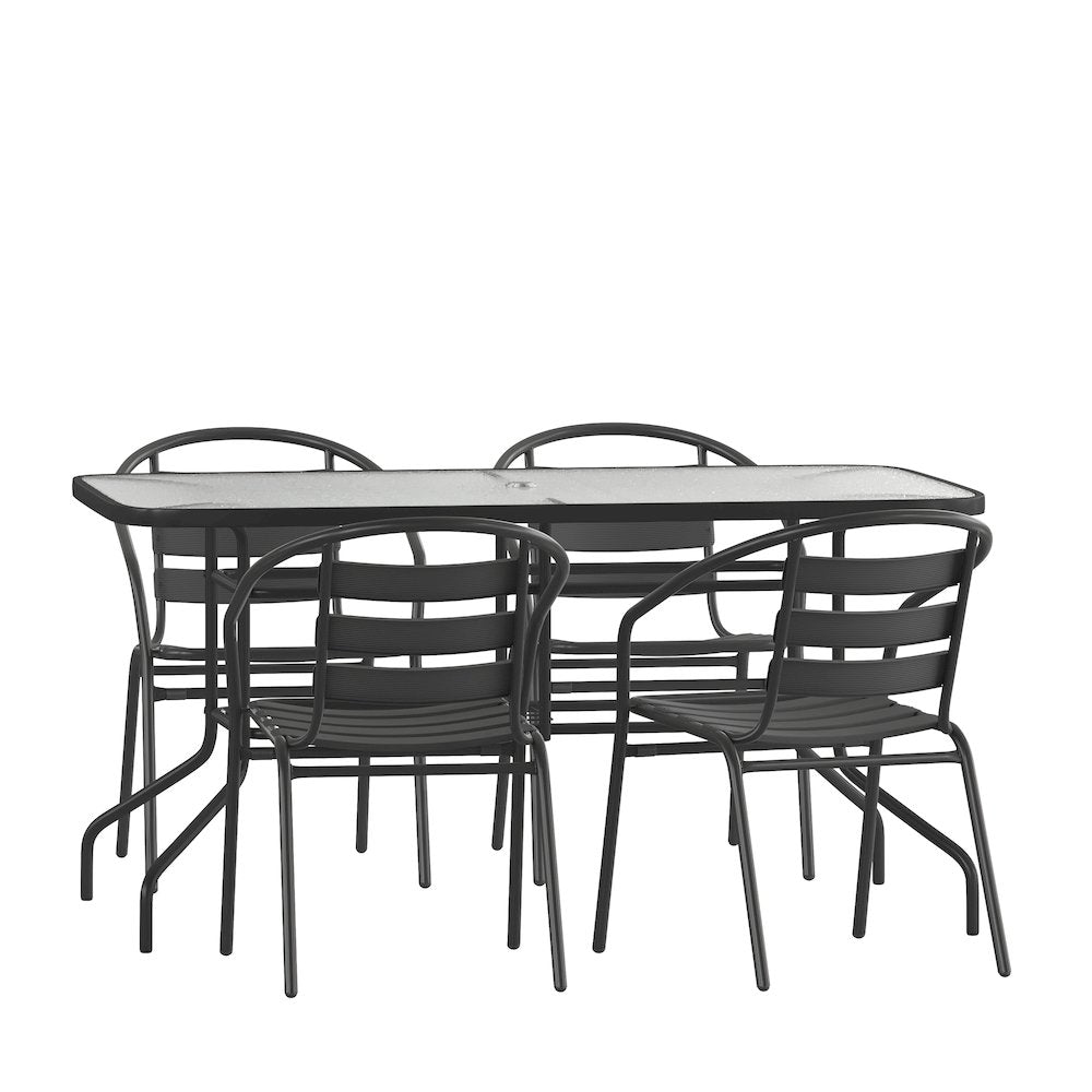 5 Piece Set - 55" Tempered Glass Patio Table - 4 Black Metal Chairs