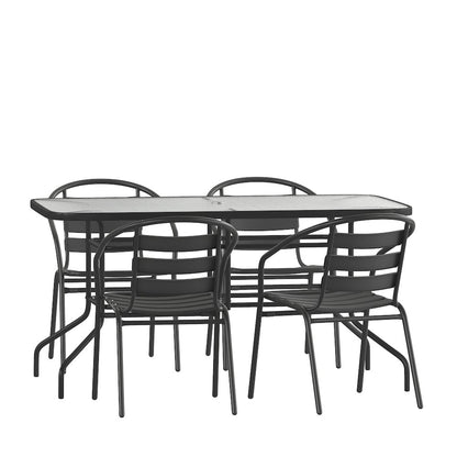 5 Piece Set - 55" Tempered Glass Patio Table - 4 Black Metal Chairs