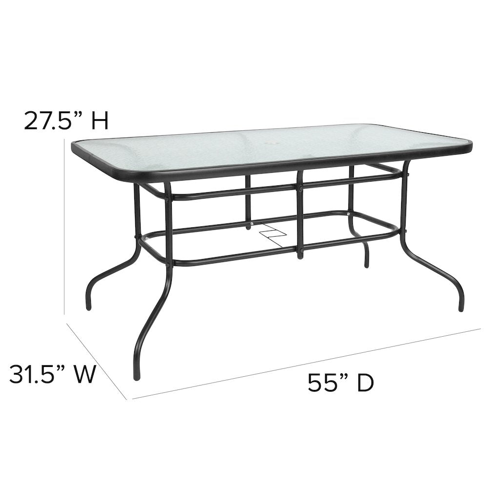 5 Piece Set - 55" Tempered Glass Patio Table - 4 Black Metal Chairs