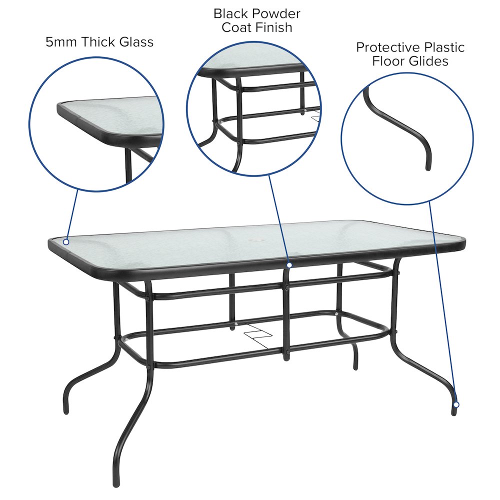 5 Piece Set - 55" Tempered Glass Patio Table - 4 Black Metal Chairs